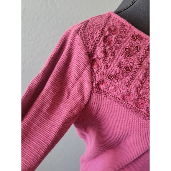 Lucky Brand Burgundy Aztec V Neck Waffle Knit Top Size L 90's Y2K Casual Boho - Picture 4 of 9